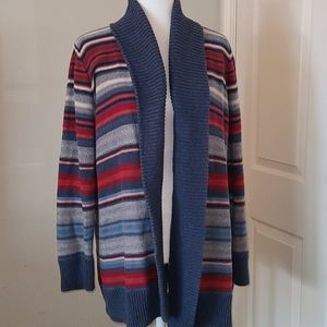 Lauren Ralph Lauren Blue Thick Striped Tribal Boho Shawl Open Knit Cardigan
